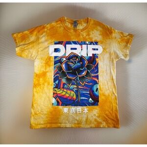 DRIP T-Shirt Men's LARGE Yellow Tie Dye Rose Smiley Face Psychedelic Tokyo Japan
